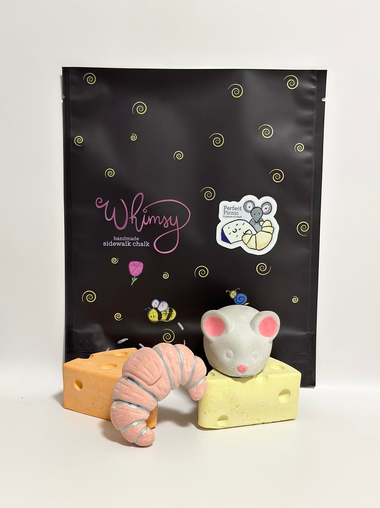 Handmade sidewalk chalk perfect picnic, Parisian, croissant, cheese, mouse packaging, rose gold, silver, art