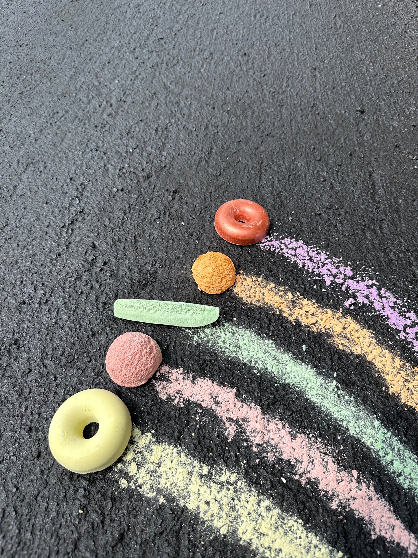 Handmade sidewalk chalk plain bagel colors, art