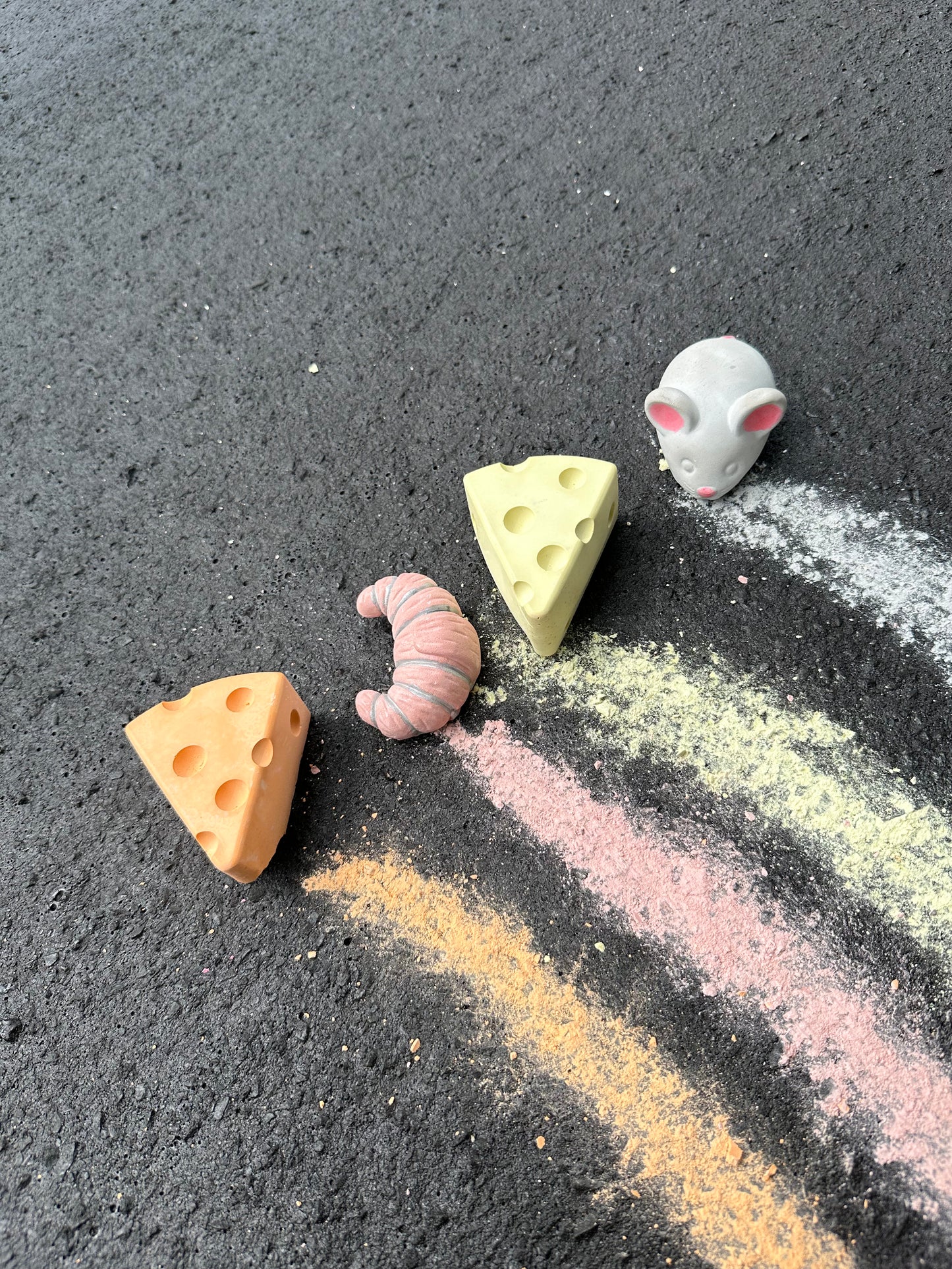 Handmade sidewalk chalk perfect picnic, Parisian, croissant, cheese, mouse colors, rose gold, silver, art