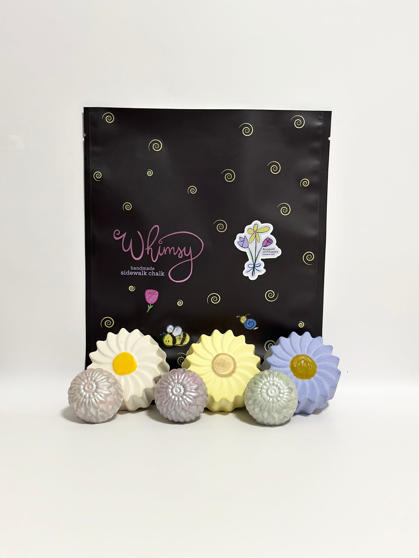 Handmade sidewalk chalk bouquet of flowers daisies and dahlias packaging, art