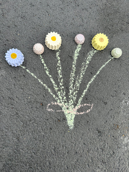 Handmade sidewalk chalk bouquet of flowers daisies and dahlias, colors, art