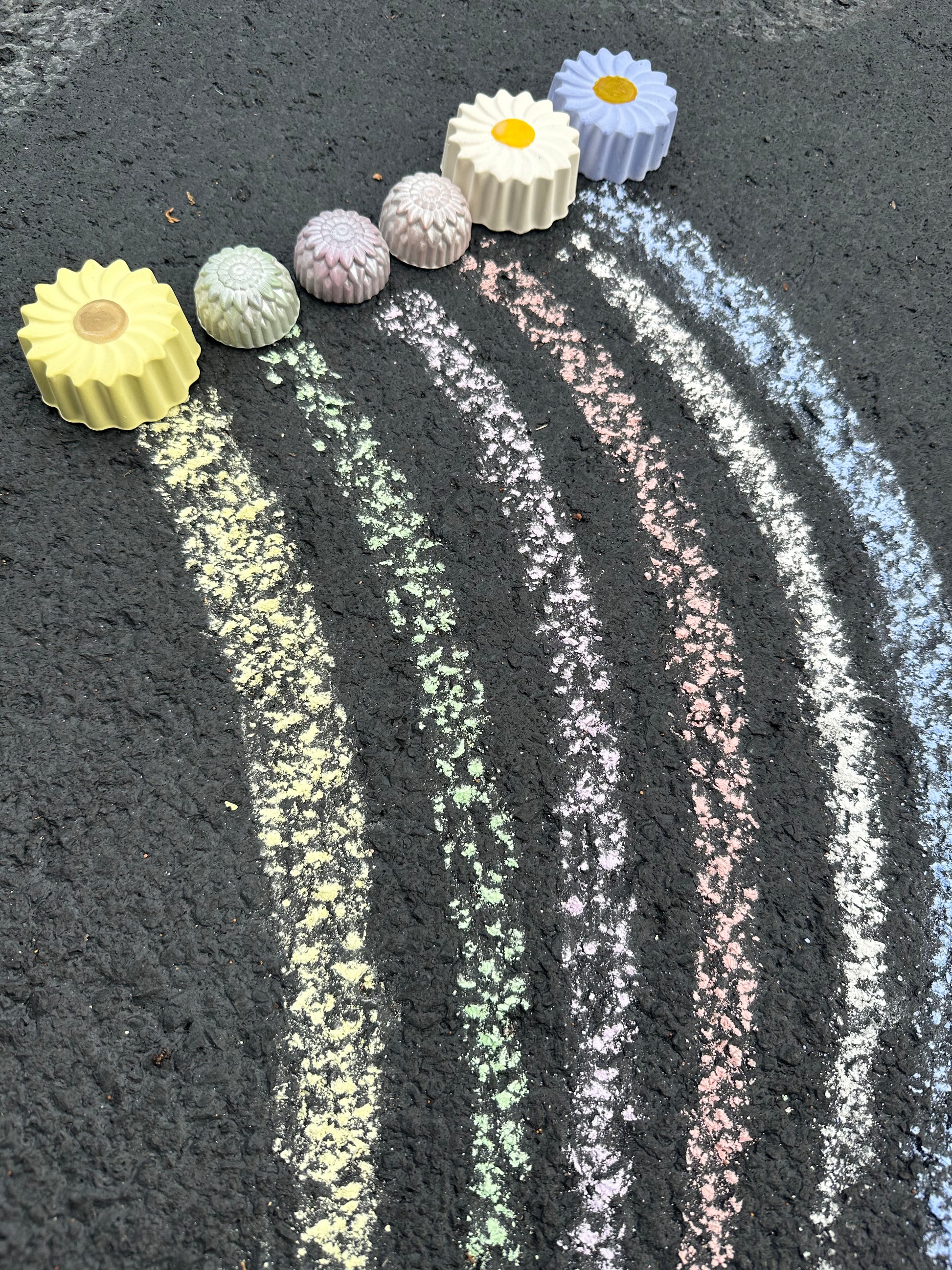 Handmade sidewalk chalk bouquet of flowers daisies and dahlias, colors, art