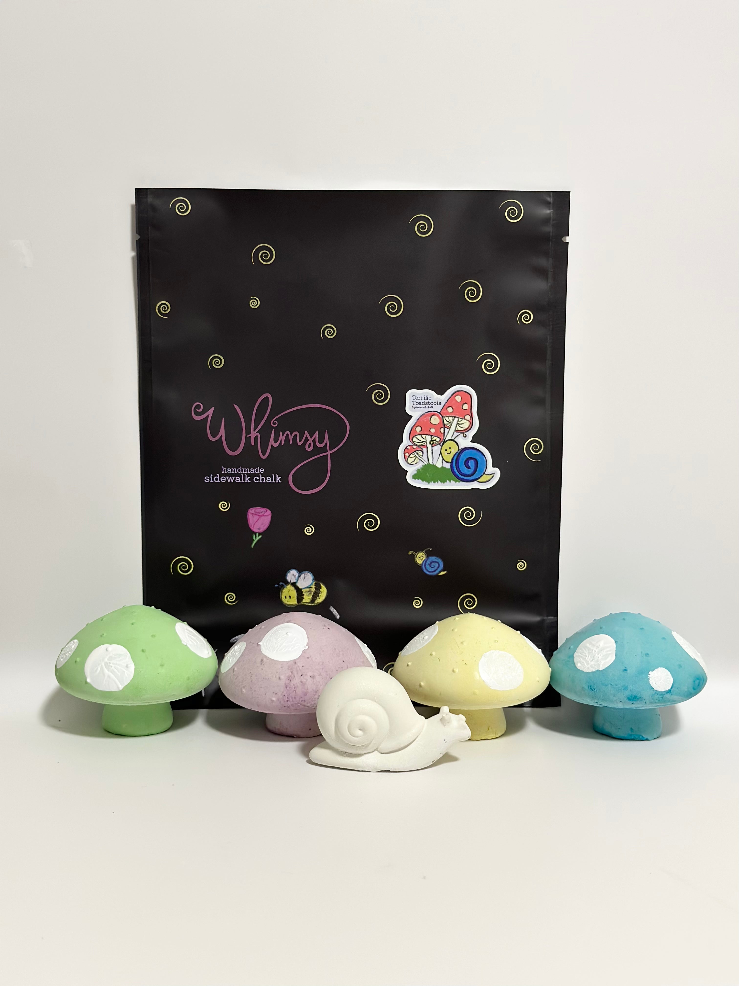 Handmade Sidewalk chalk terrific toadstools, mushrooms, snail, garden packaging, art