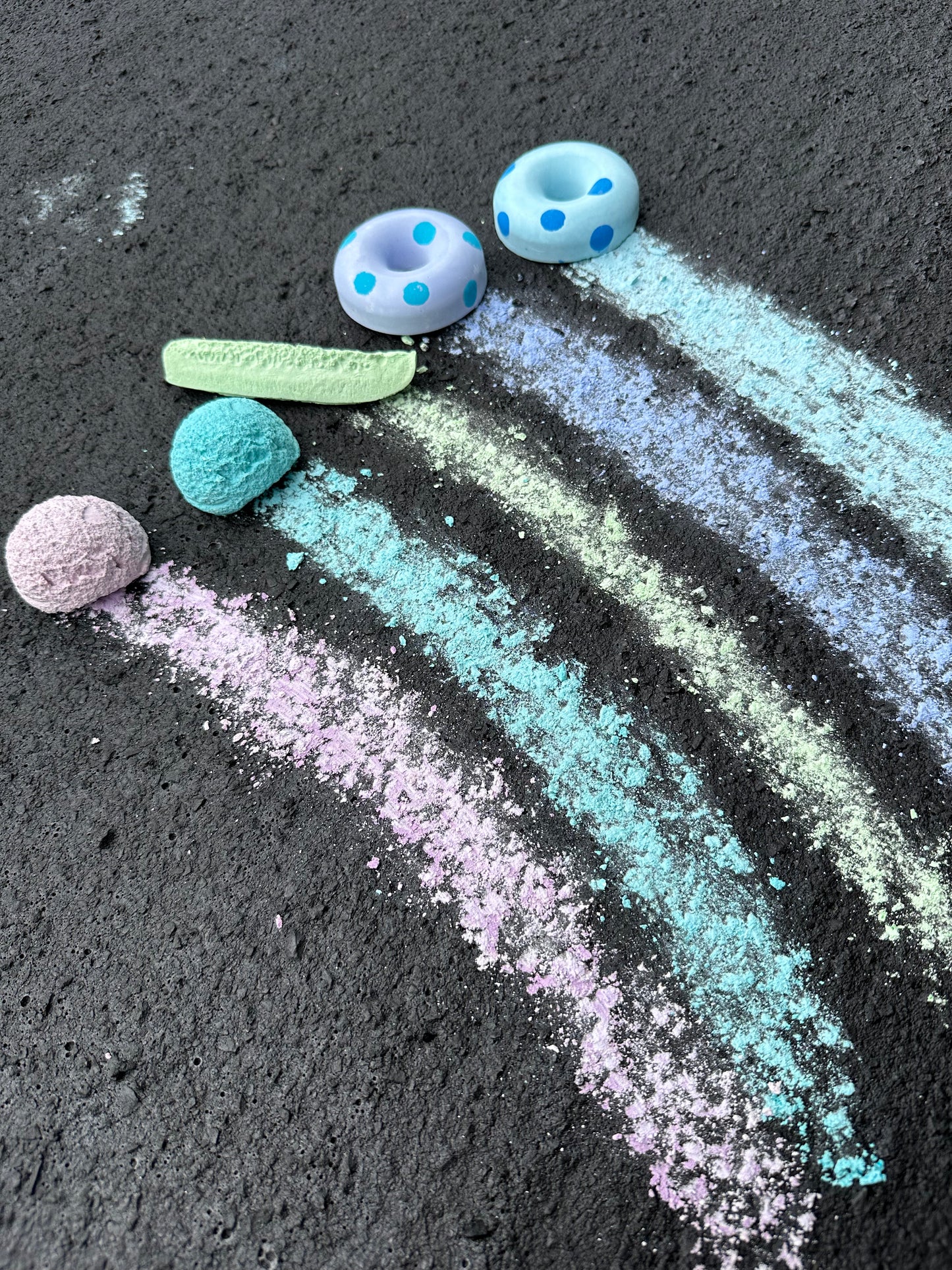 Handmade sidewalk chalk blueberry bagel and pickle colors, art