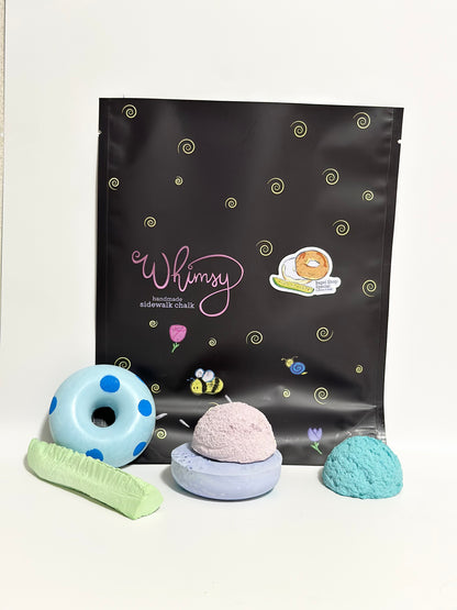 Handmade sidewalk chalk blueberry bagel packaging, art